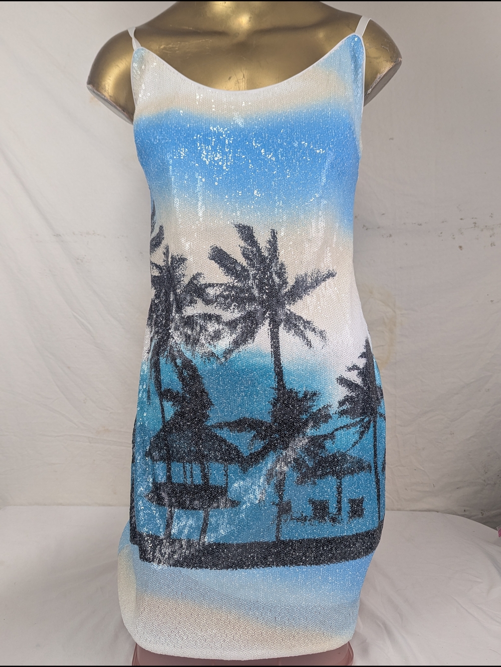 Guess Women's NWT Blue & White Sequin Slip Dress With Tropical Graphics Large